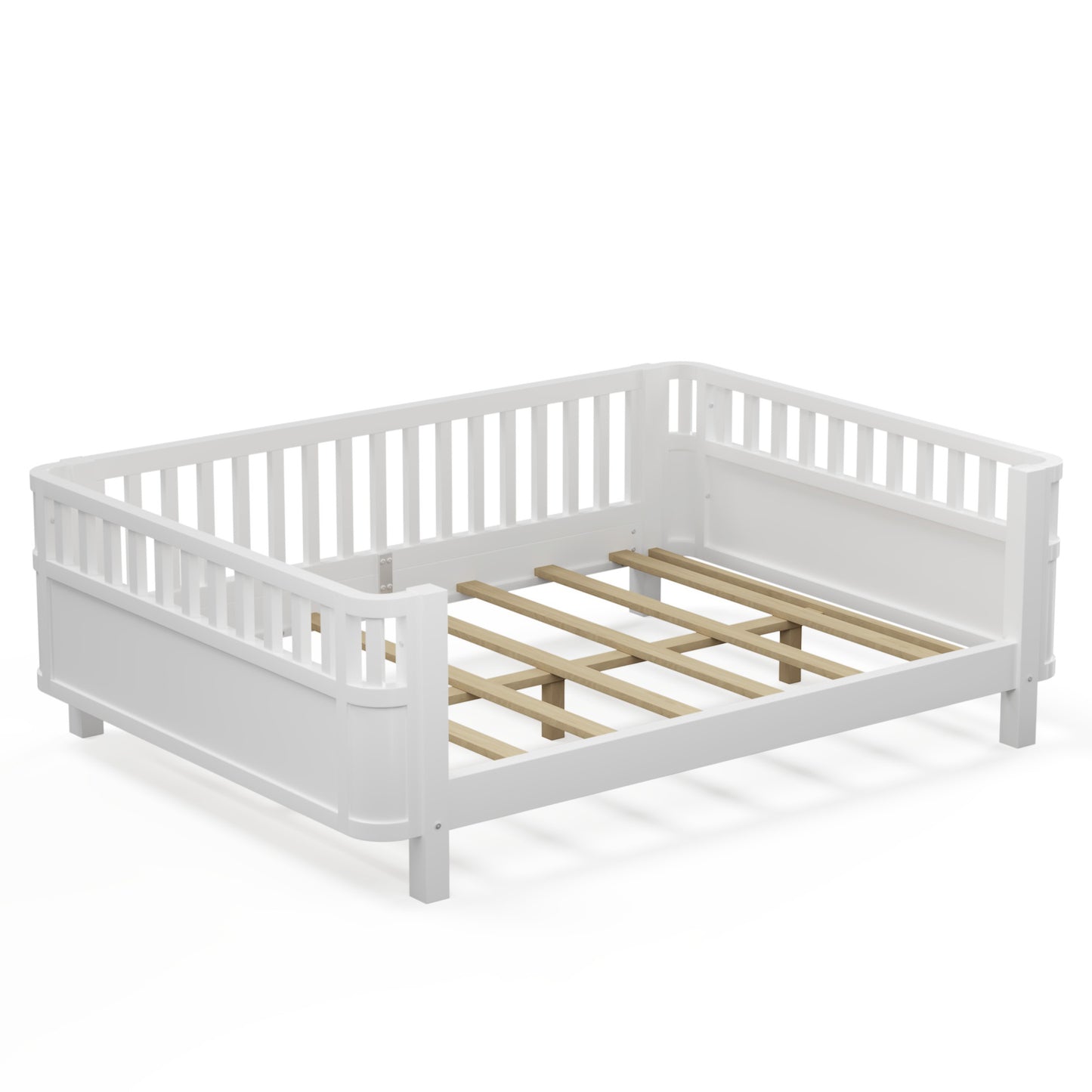 White wooden toddler bed with slatted guardrails and slat mattress support