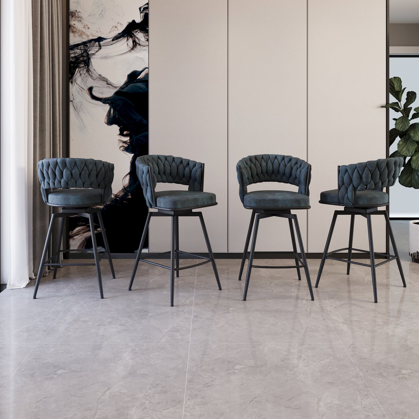 Four dark teal tufted swivel bar stools with black metal legs arranged in a modern dining room