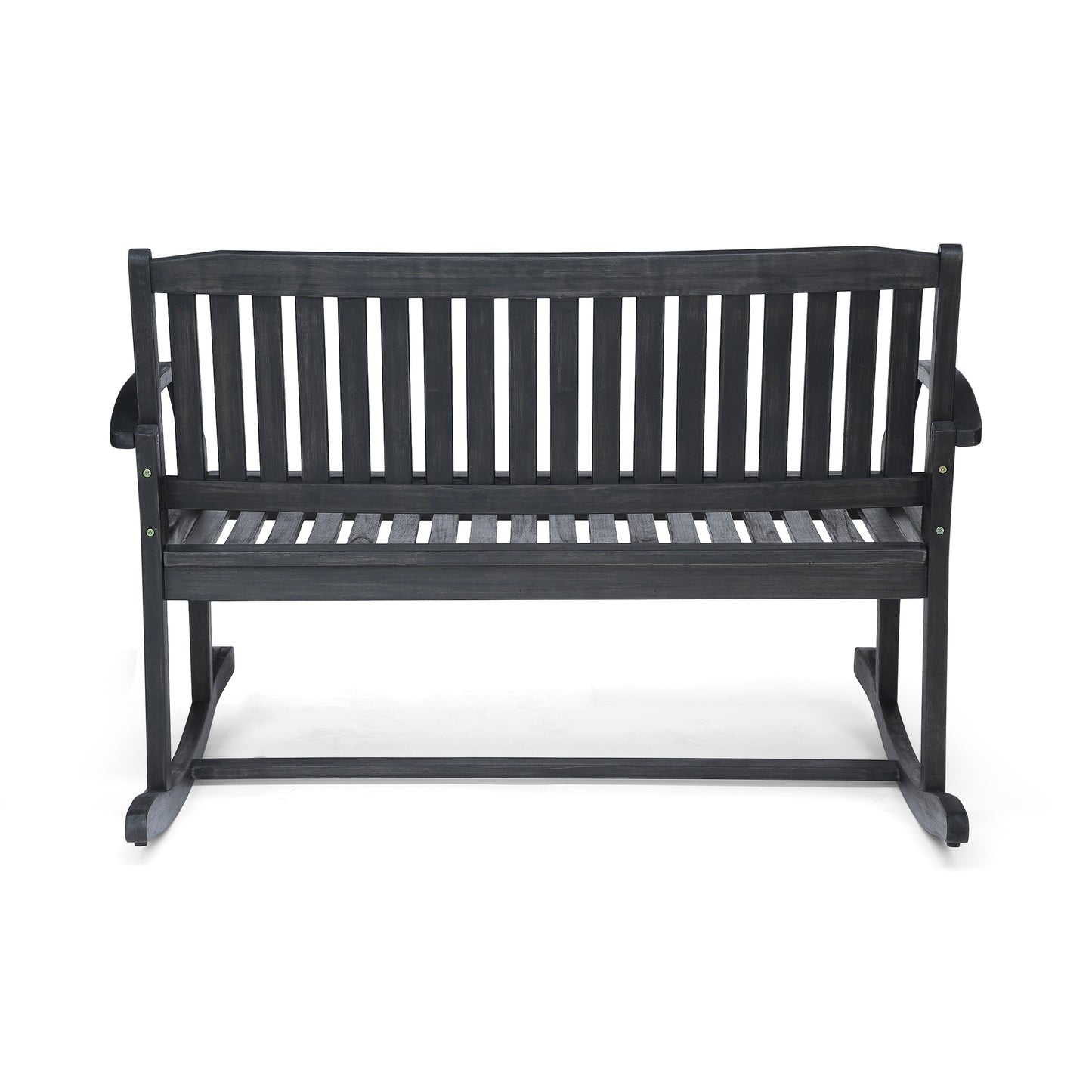 Dark gray wooden rocking garden bench with slatted seat and back