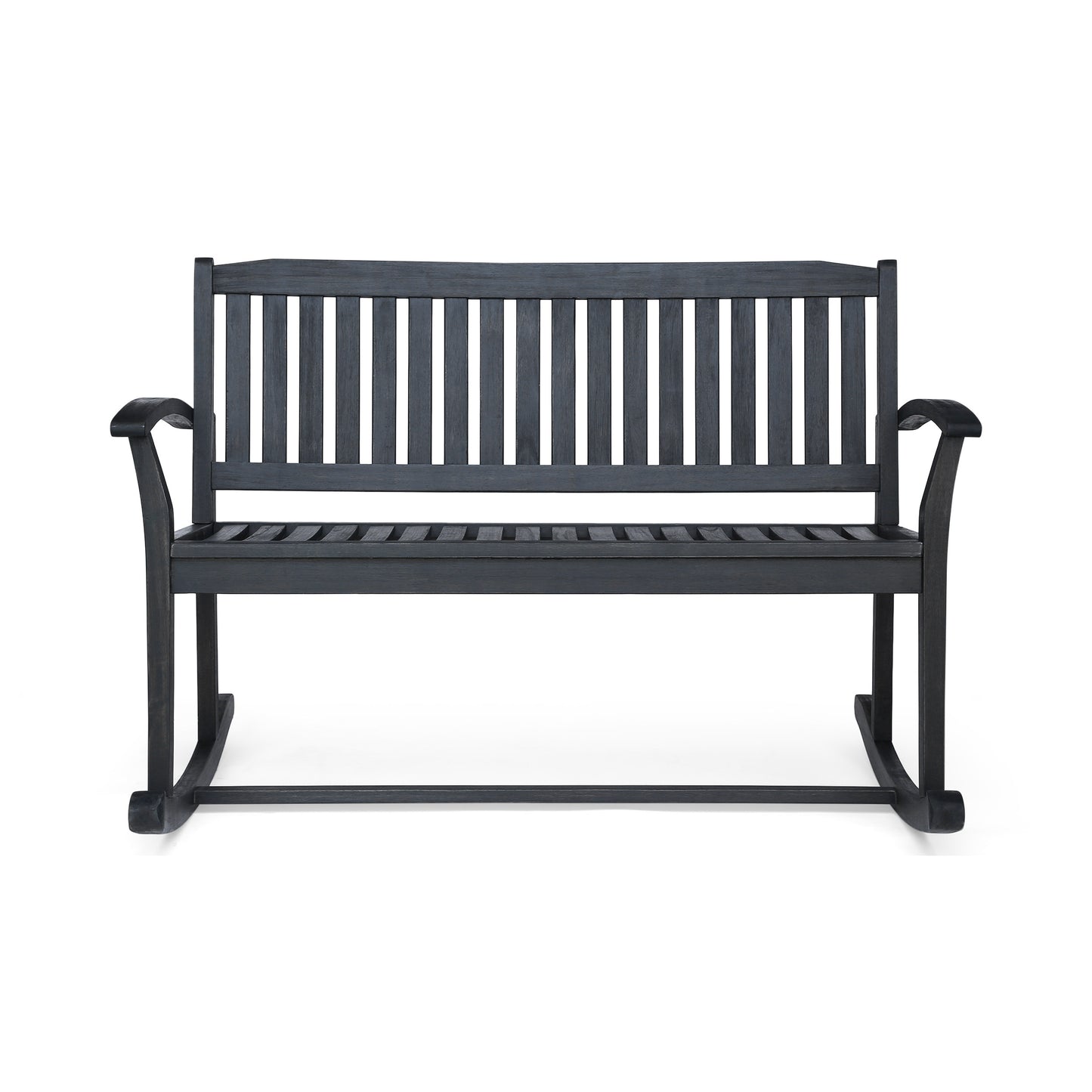 Dark gray wooden rocking patio bench with slatted seat and back