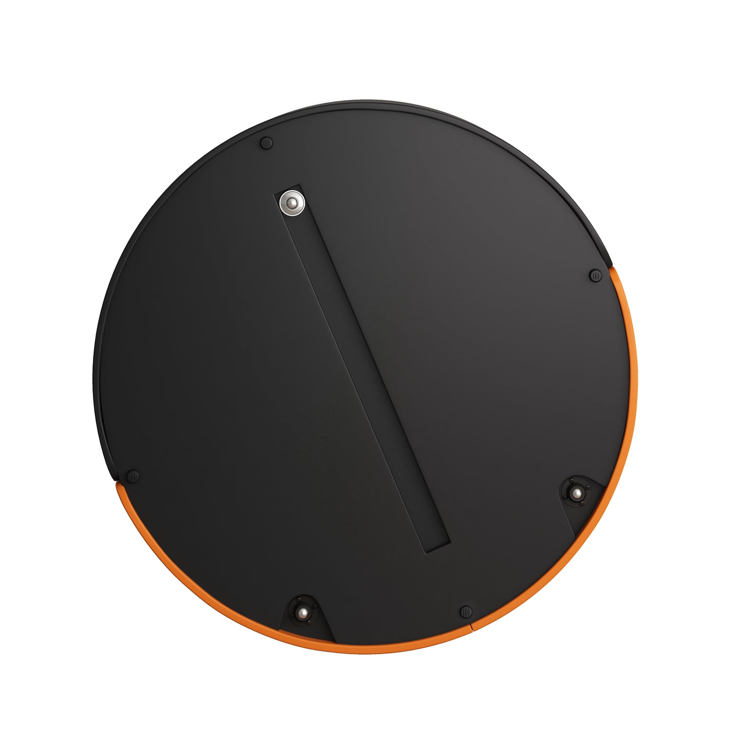 Black and orange circular speaker base with metallic screw detail