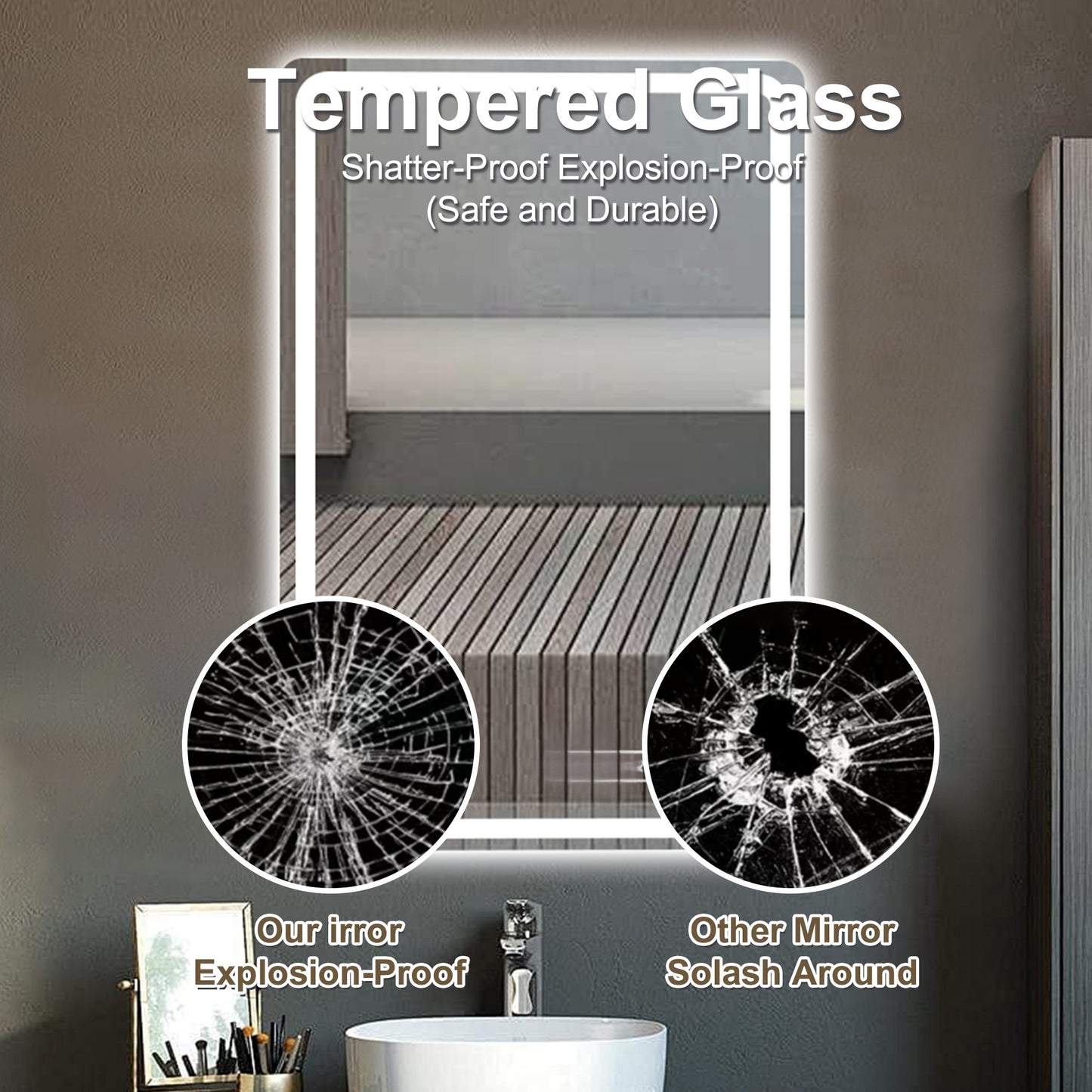 Modern bathroom vanity mirror with integrated LED lighting and tempered glass construction