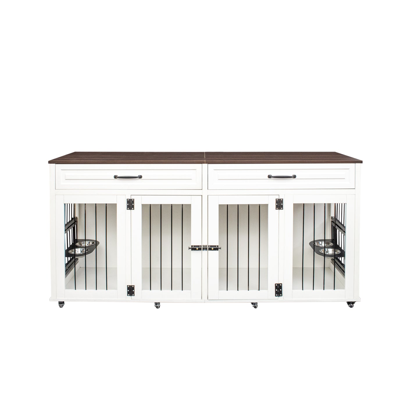 White double dog crate with dark wood top and wheels