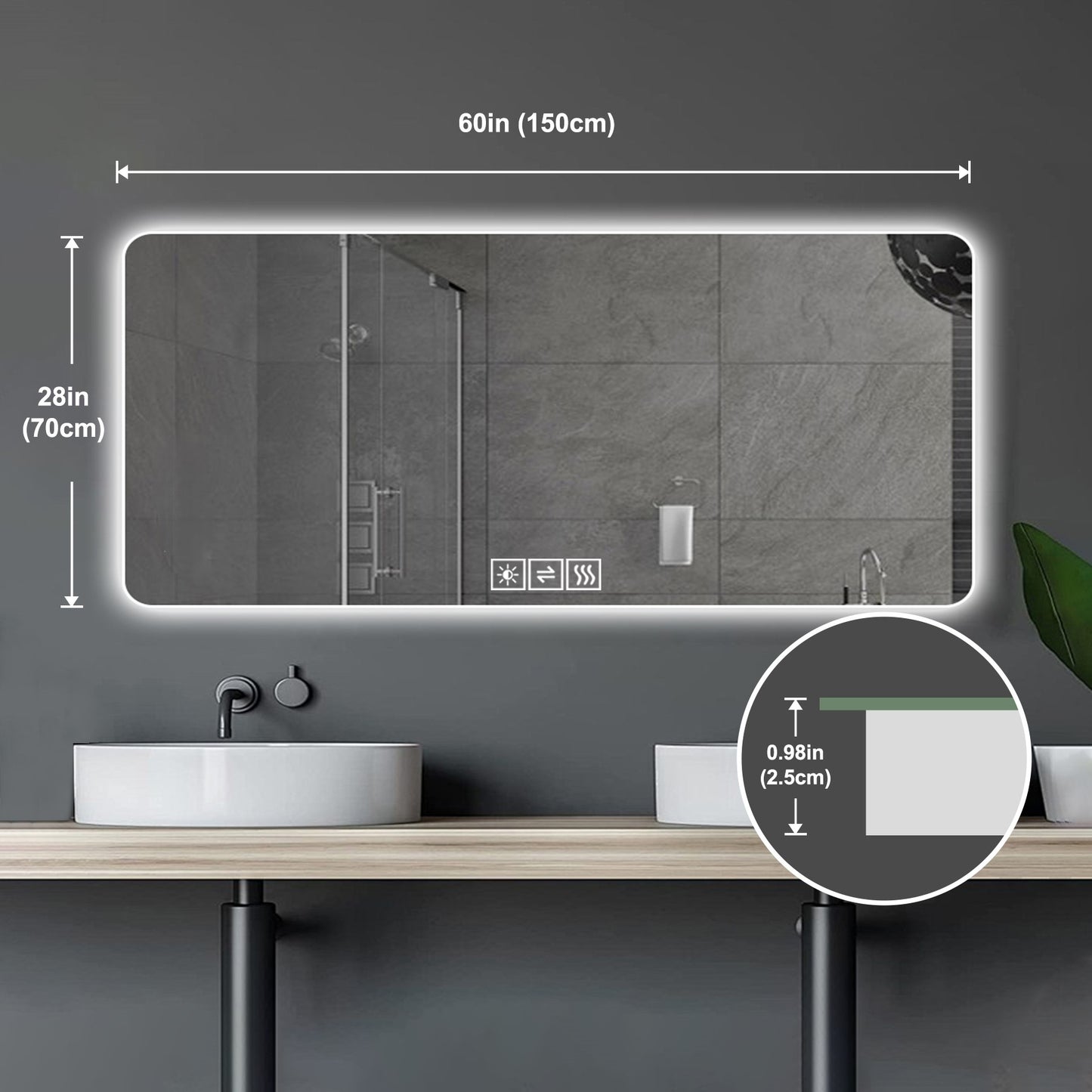 inch LED bathroom mirror with touch controls and fogfree feature