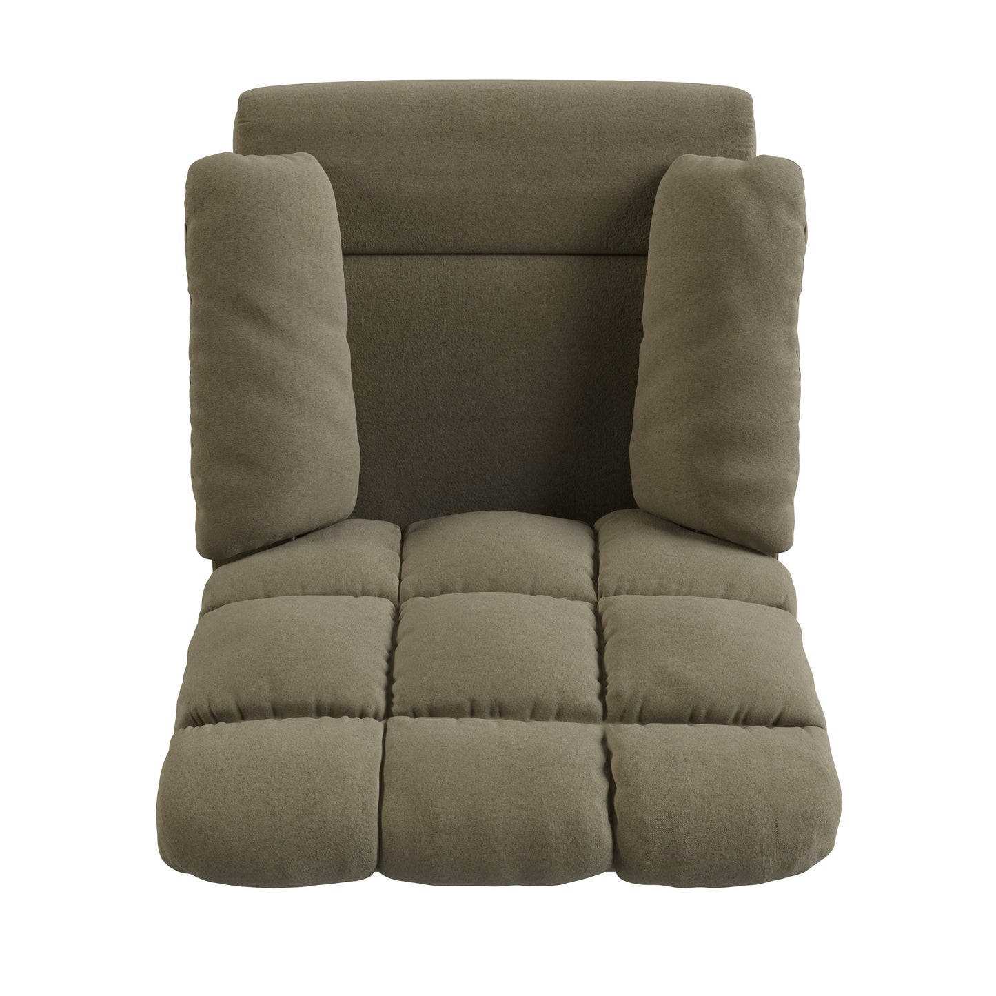 Plush taupe fabric accent chair with padded arms and tufted seat cushions for modern living room comfort