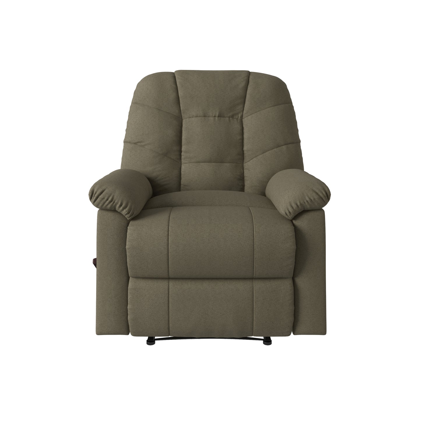 Plush taupe fabric recliner chair with padded headrest and armrests