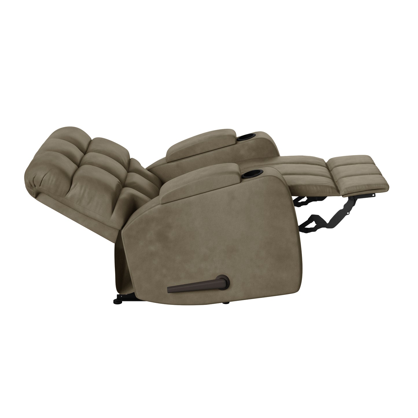 Taupe recliner chair with cupholders and plush cushioning
