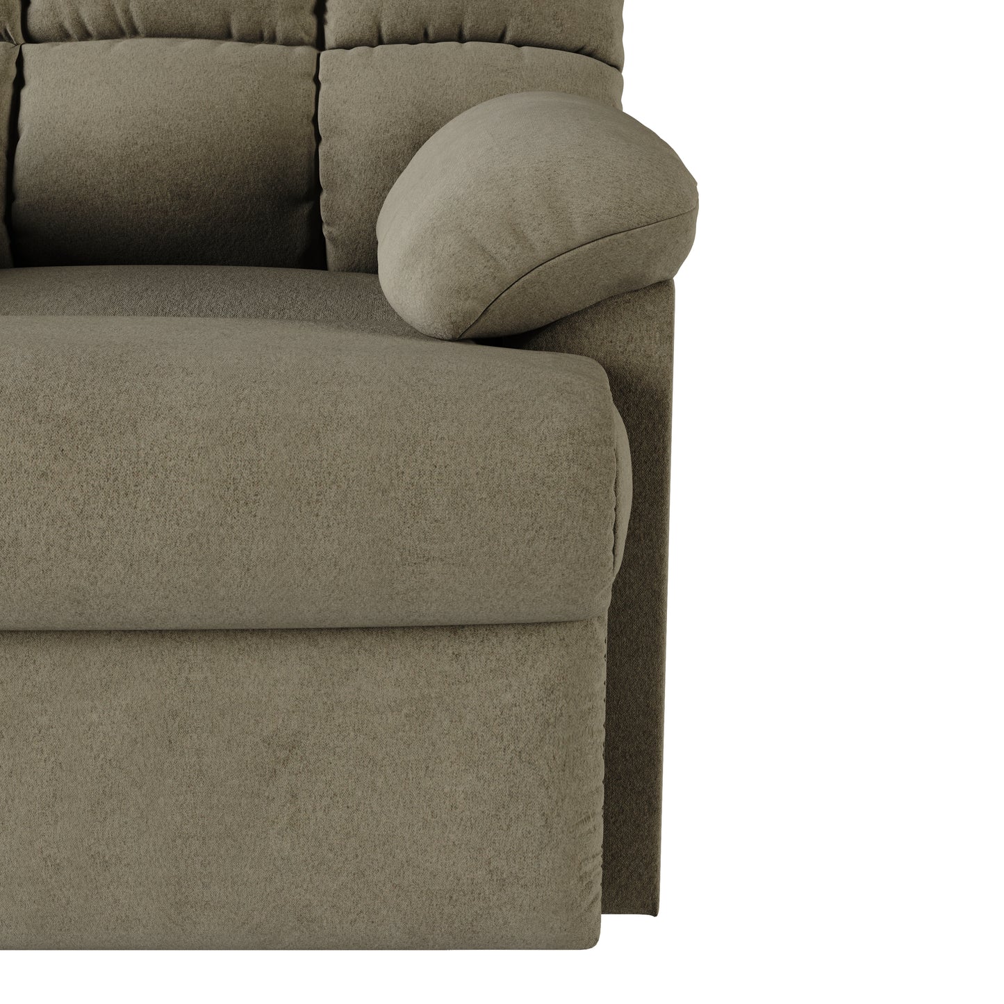 Taupe fabric sofa armrest and seat cushion detail