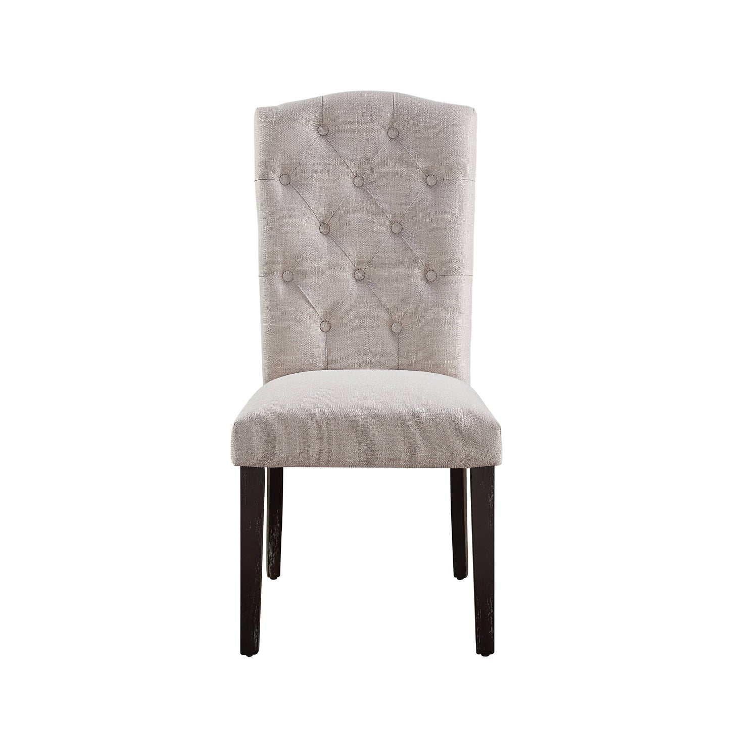 Beige upholstered dining chair with tufted back and dark wood legs