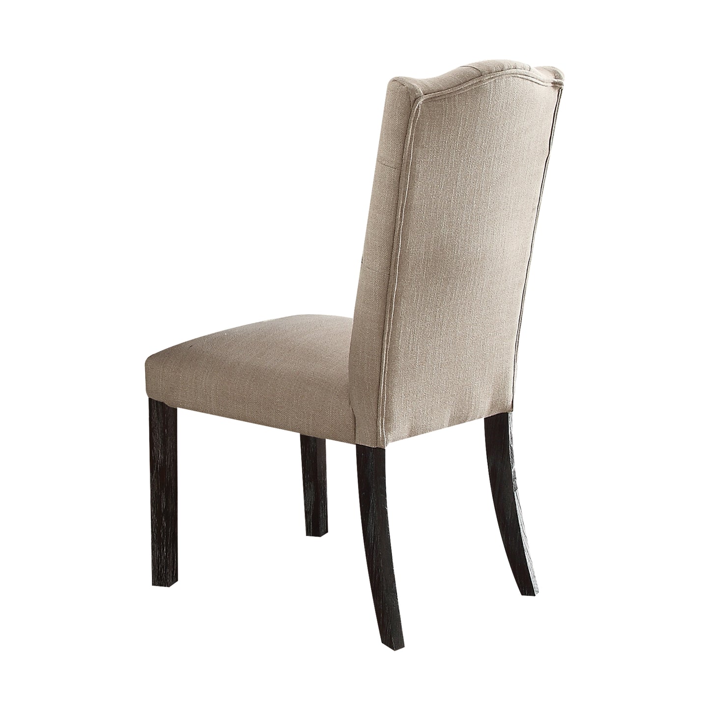 Beige upholstered dining chair with dark wood legs viewed from the back