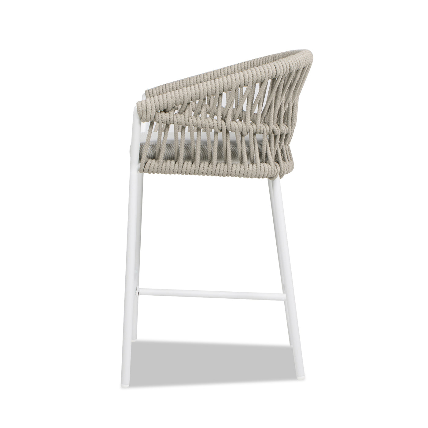 Modern beige rope bar stool with white metal frame side view
