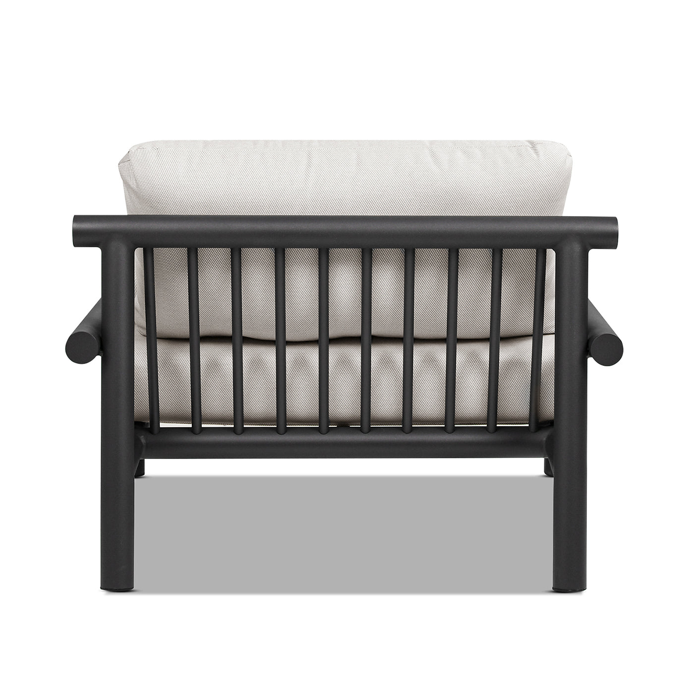 Modern black metal frame chair with beige cushion showing back view Versatile outdoor seating