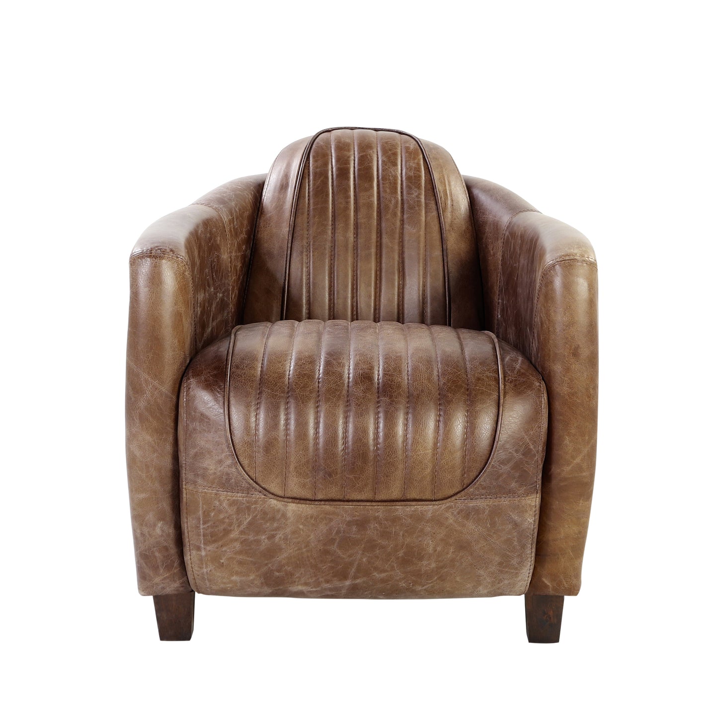 Vintage brown leather armchair with stitched vertical paneling ideal for a study