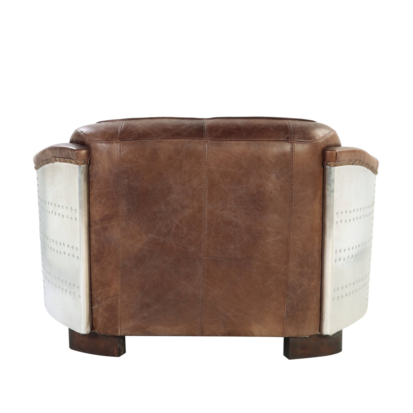 Brown leather aviator chair with silver metal accents and dark wood legs