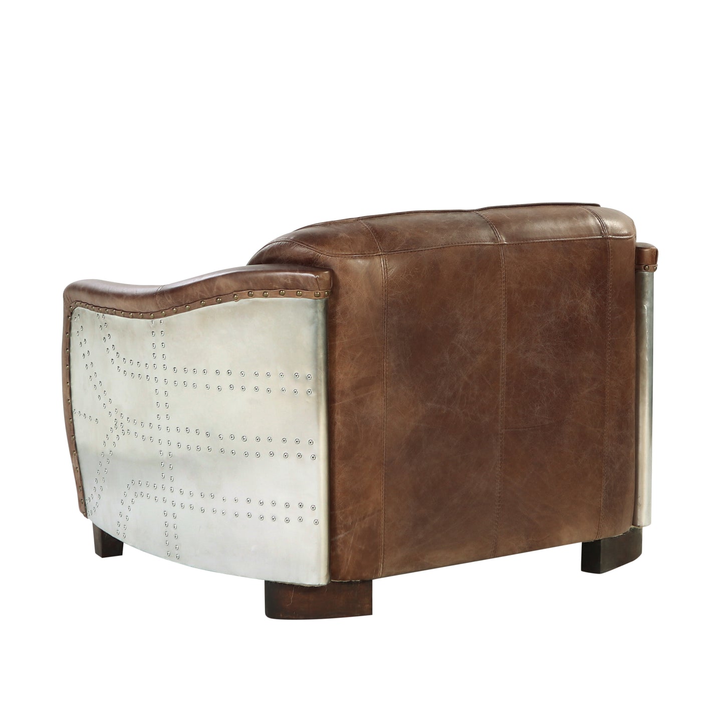 Brown leather aviator armchair with riveted silver metal accents perfect for vintage decor
