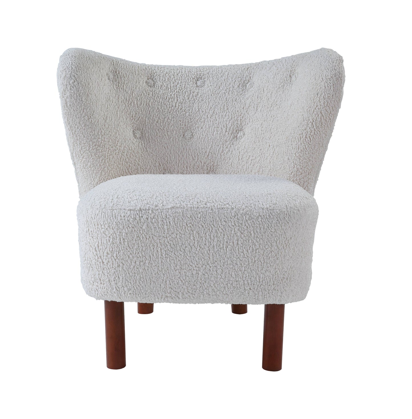 Cream teddy fabric accent chair with button tufting and wooden legs