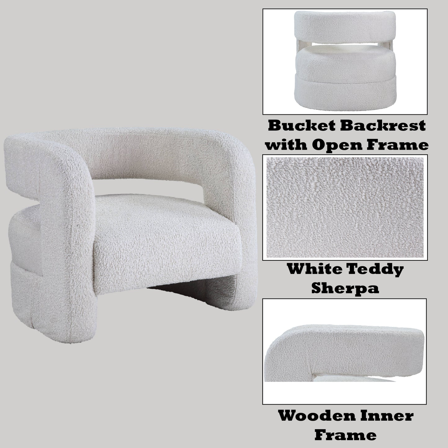 White teddy sherpa accent chair with curved arms and open backrest