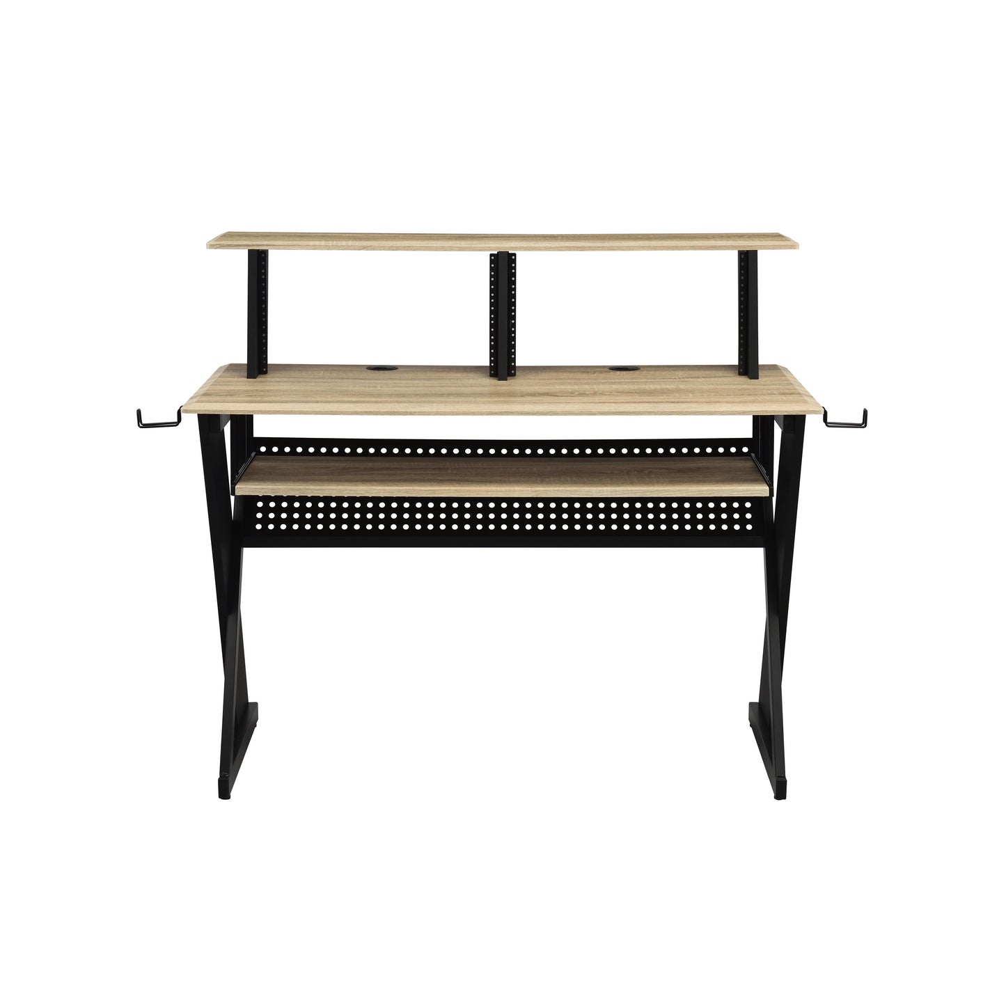 Oak finish recording desk with dualtier shelves and black metal frame ideal for music production