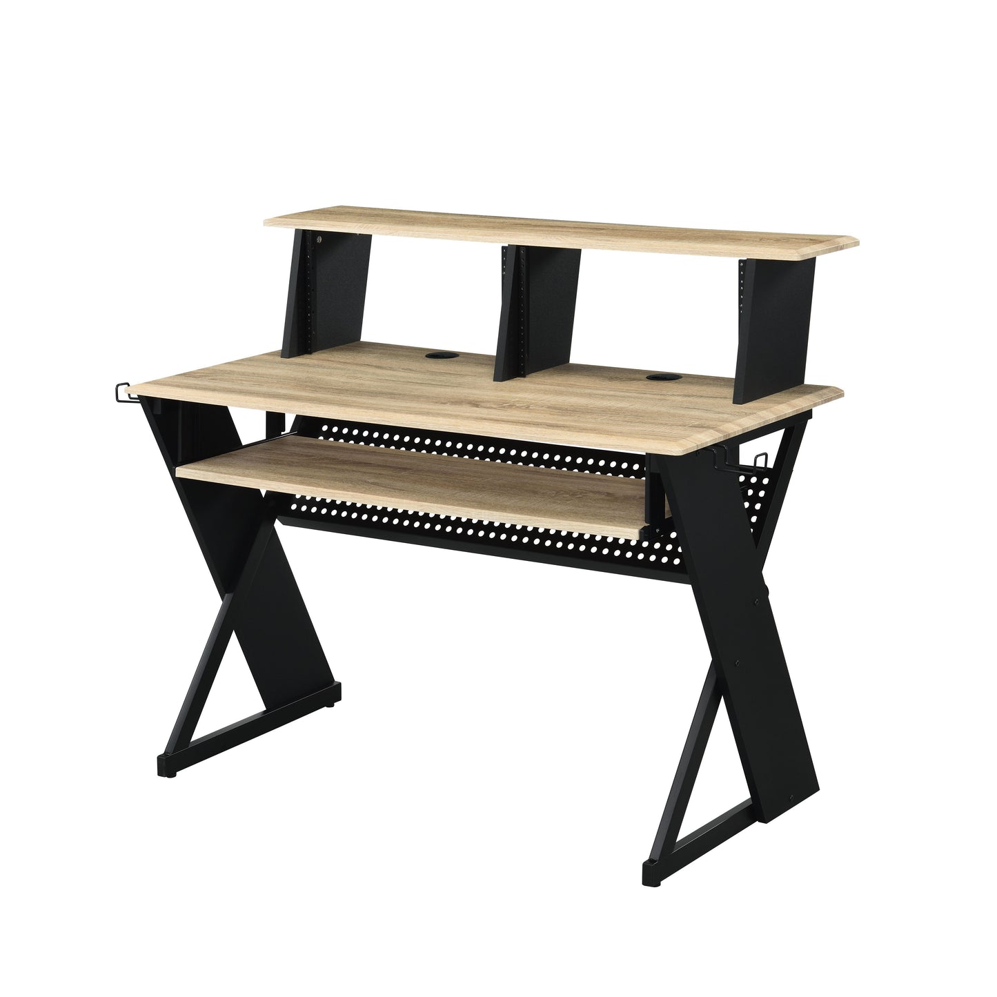 Compact studio desk with a light wood grain top and black metal frame perfect for home recording studios