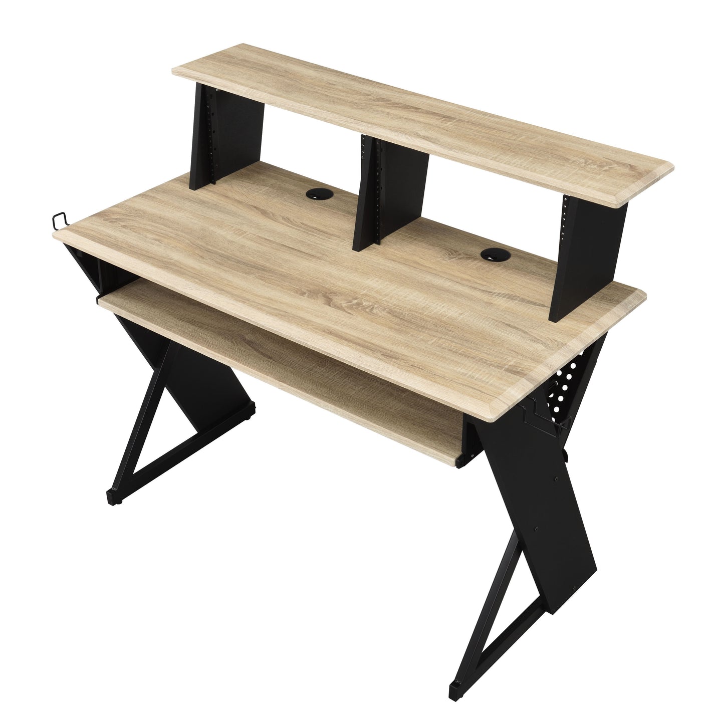 Light wood gaming desk with black metal frame and two tiers