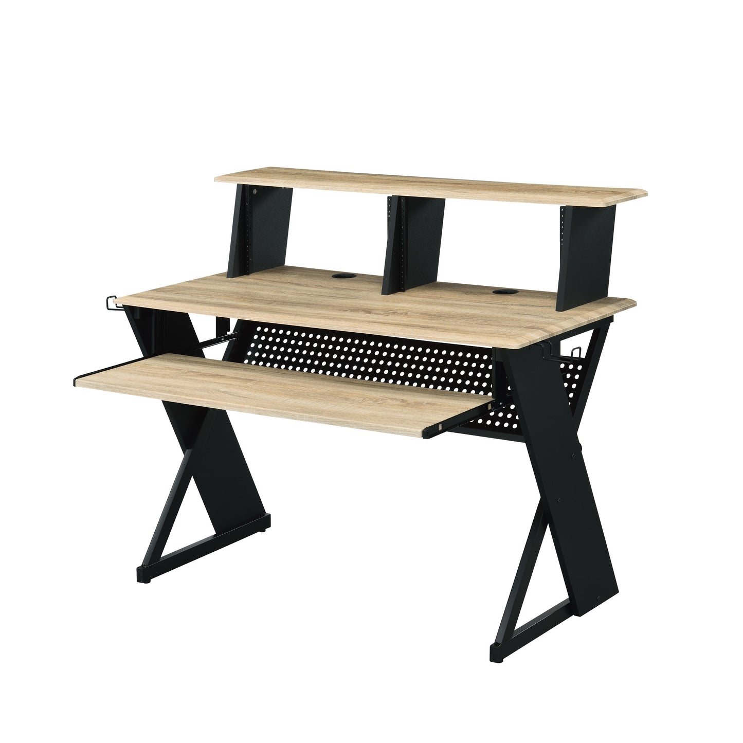 Light oak studio desk with black metal frame and two monitor shelves