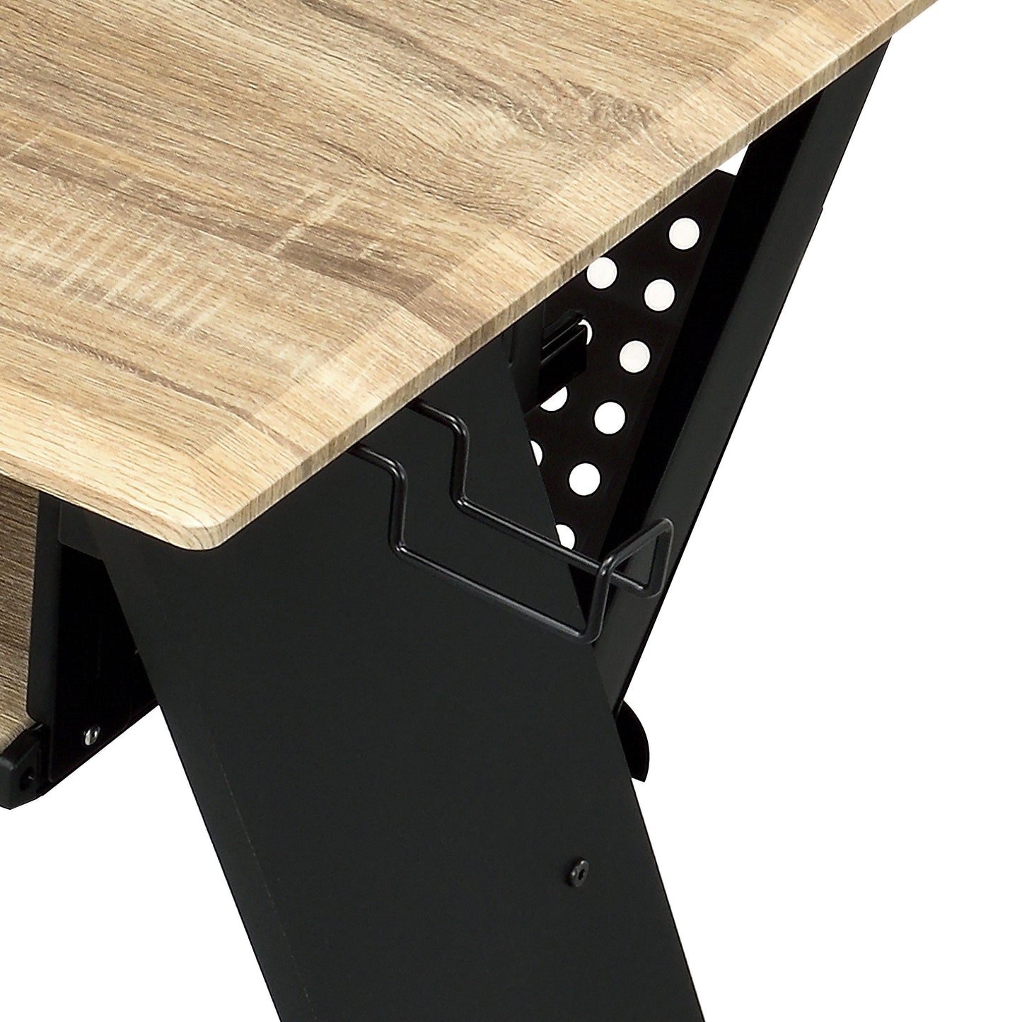 Closeup of light oak wood grain tabletop with black metal desk frame detail