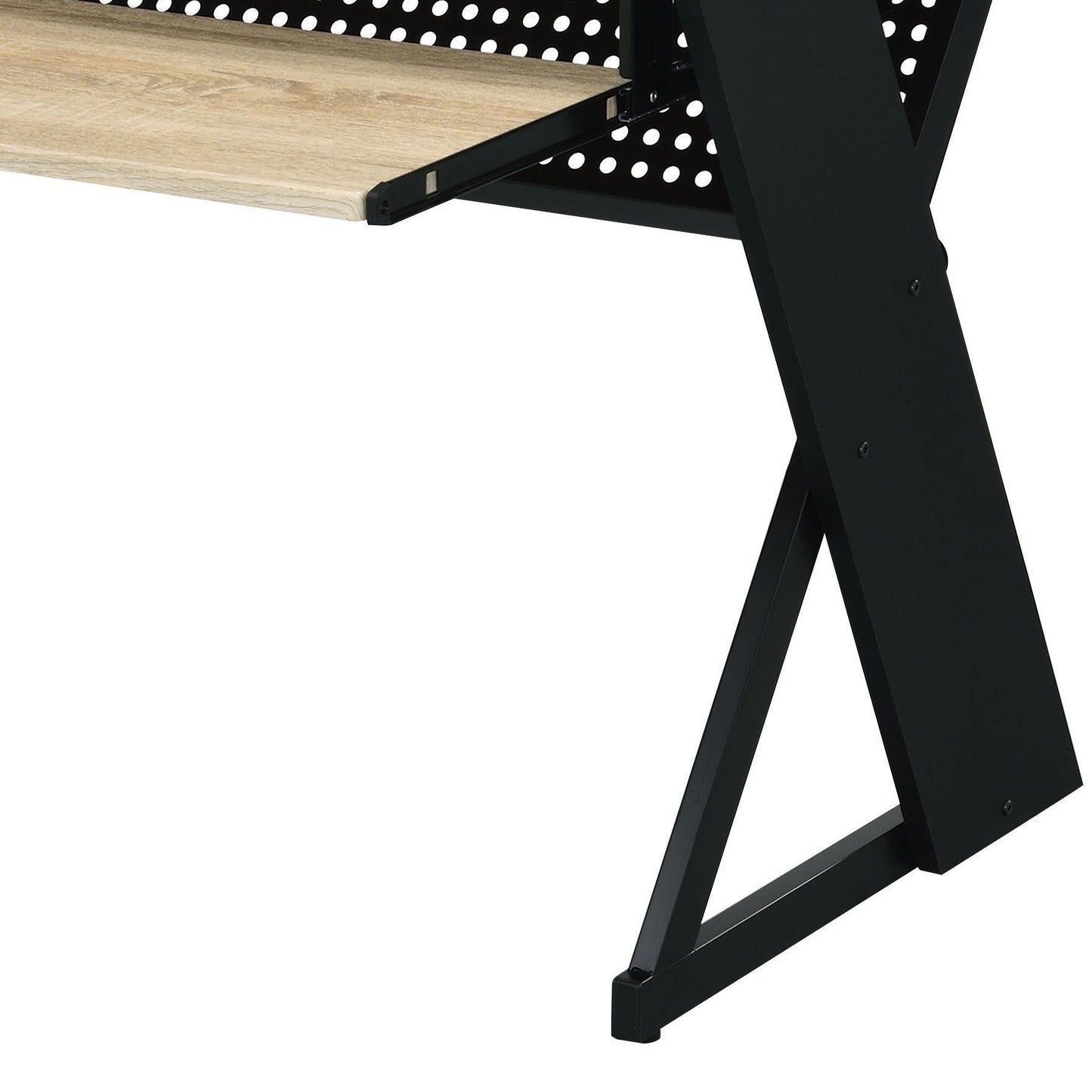 Closeup of a light wood grain desk surface with black metal frame showing detailed texture and construction