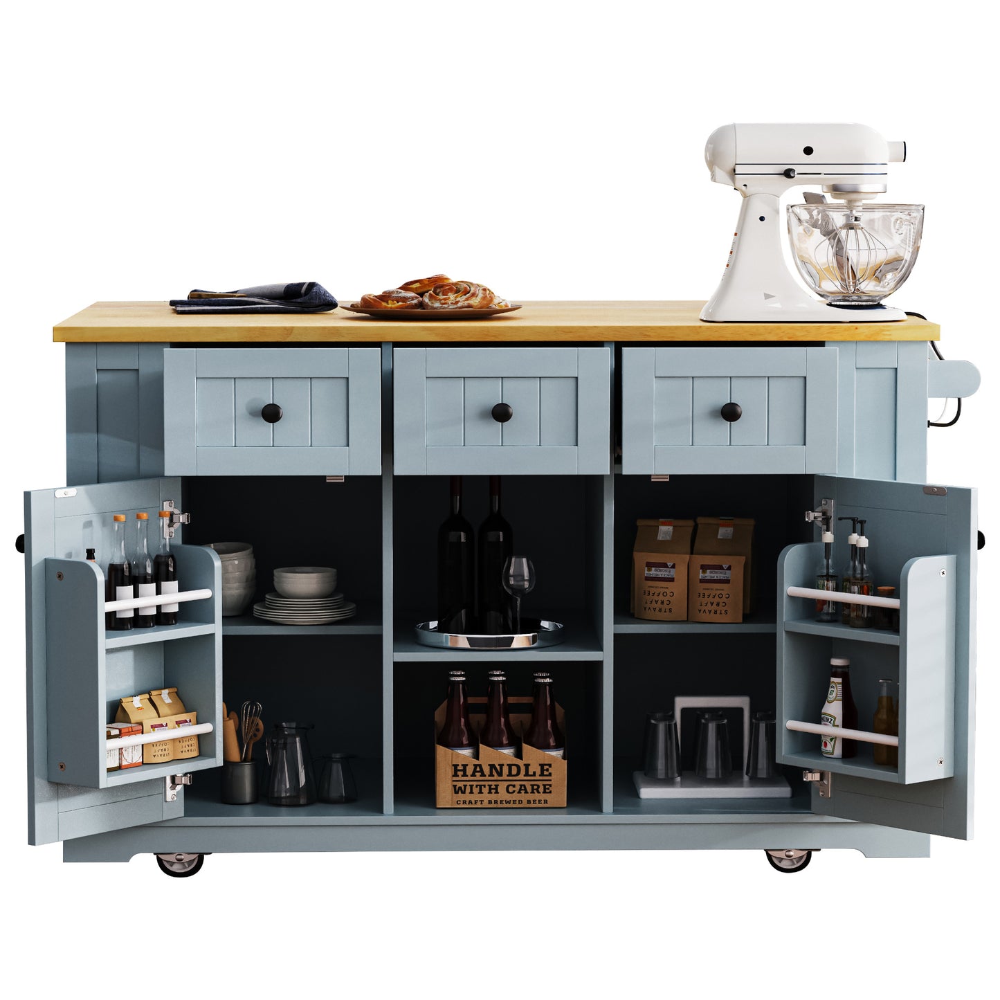 Blue kitchen island cart with butcher block top white stand mixer and pastries