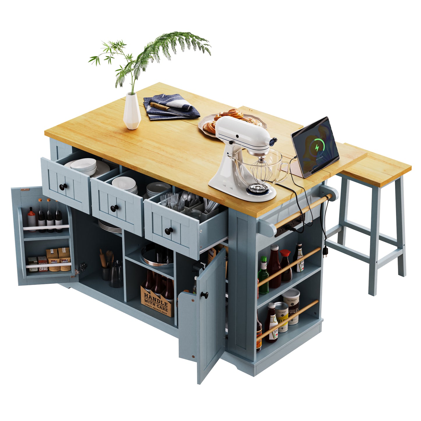 Blue kitchen island with wooden countertop mixers and drawers storing kitchenware