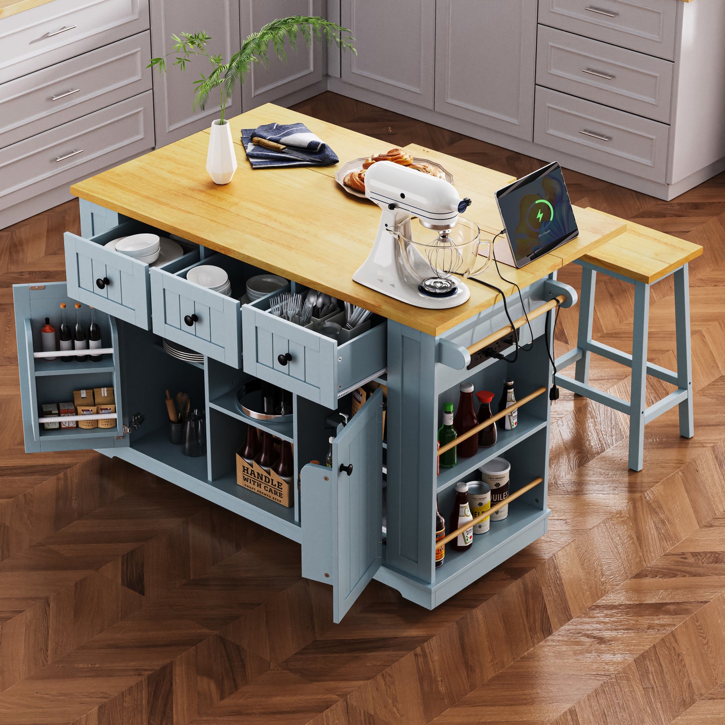 Blue kitchen island cart with a butcher block top storage drawers and shelves for cooking