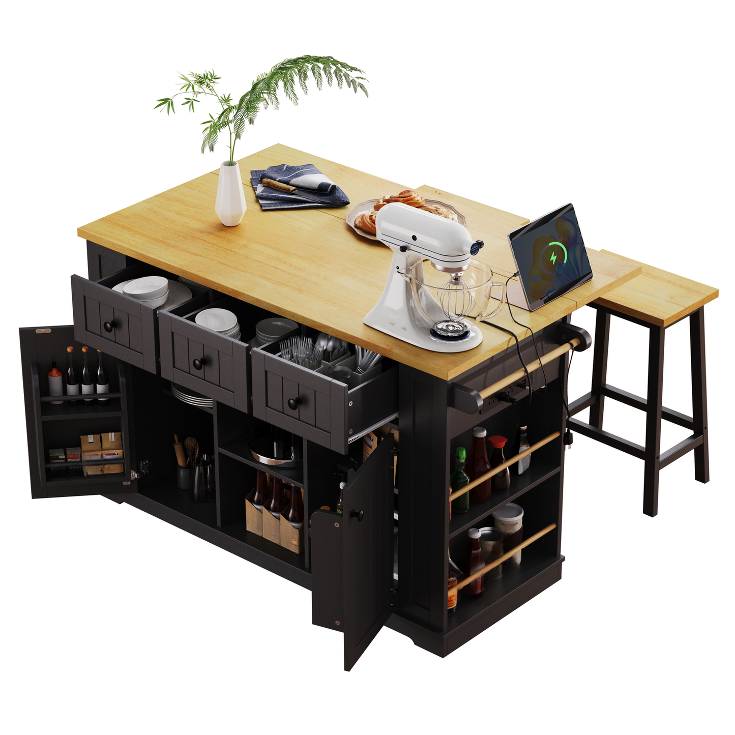 Black kitchen island with light wood countertop and builtin storage drawers perfect for modern kitchens