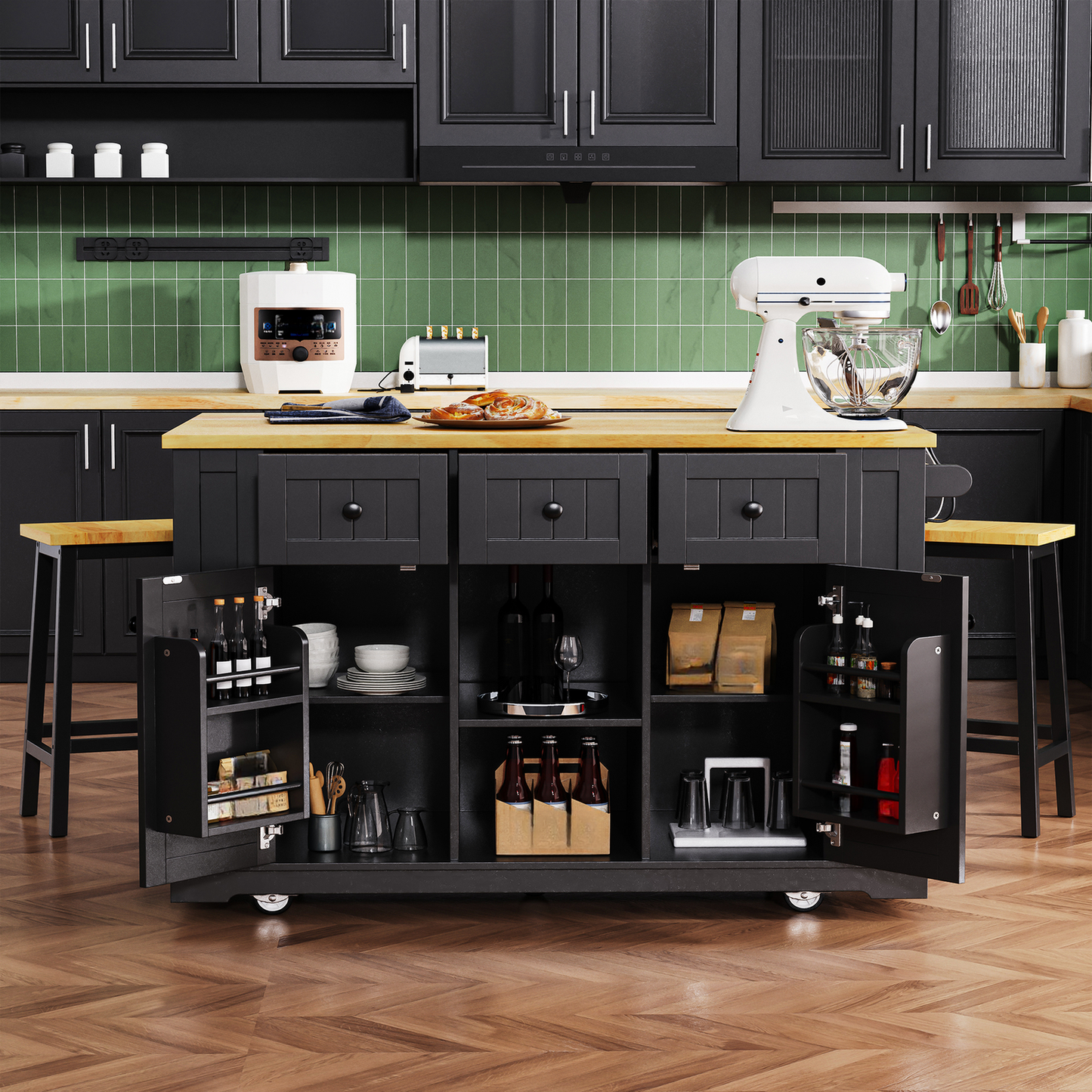 Black kitchen island cart with butcher block top and storage shelves