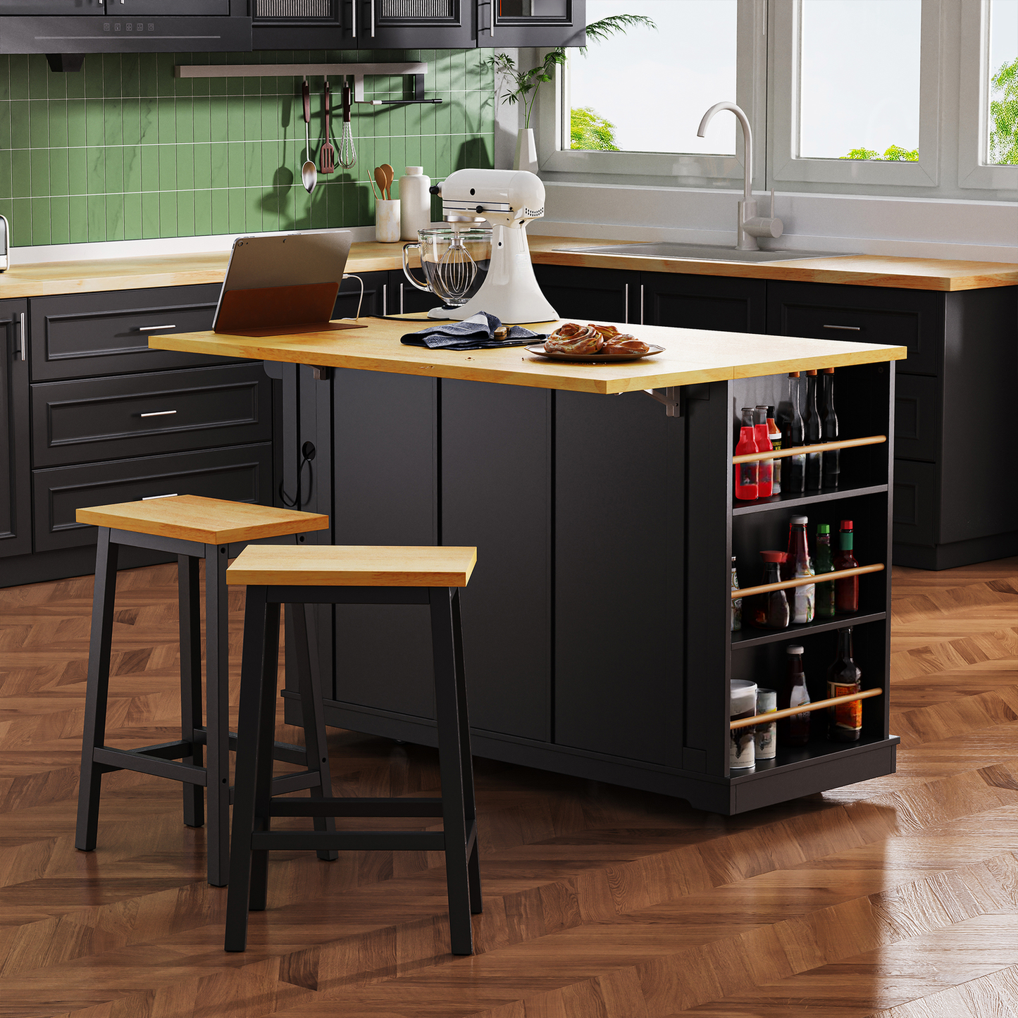 Modern black kitchen island with a light wood countertop and builtin wine rack