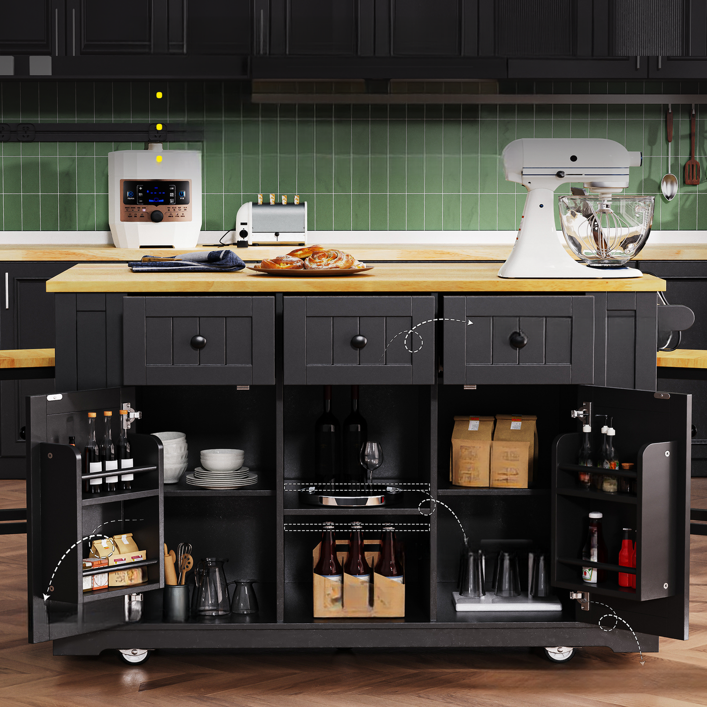 Black kitchen island with butcher block top open cabinets showing wine bottles and glassware