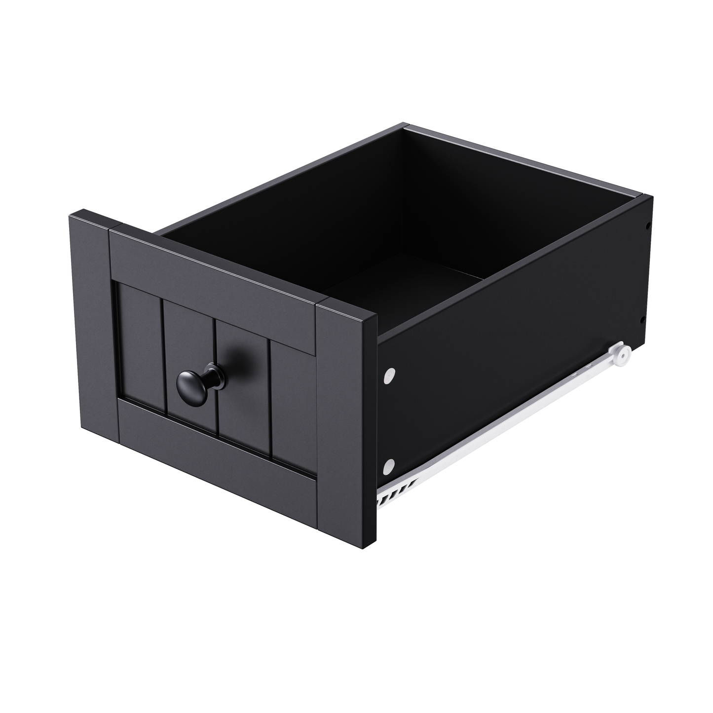Black wooden drawer with paneled front and round knob for bedroom furniture