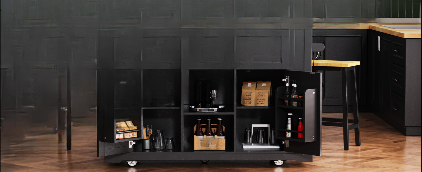 Modern black bar cart with wheels stocked with wine bottles glasses and spirits