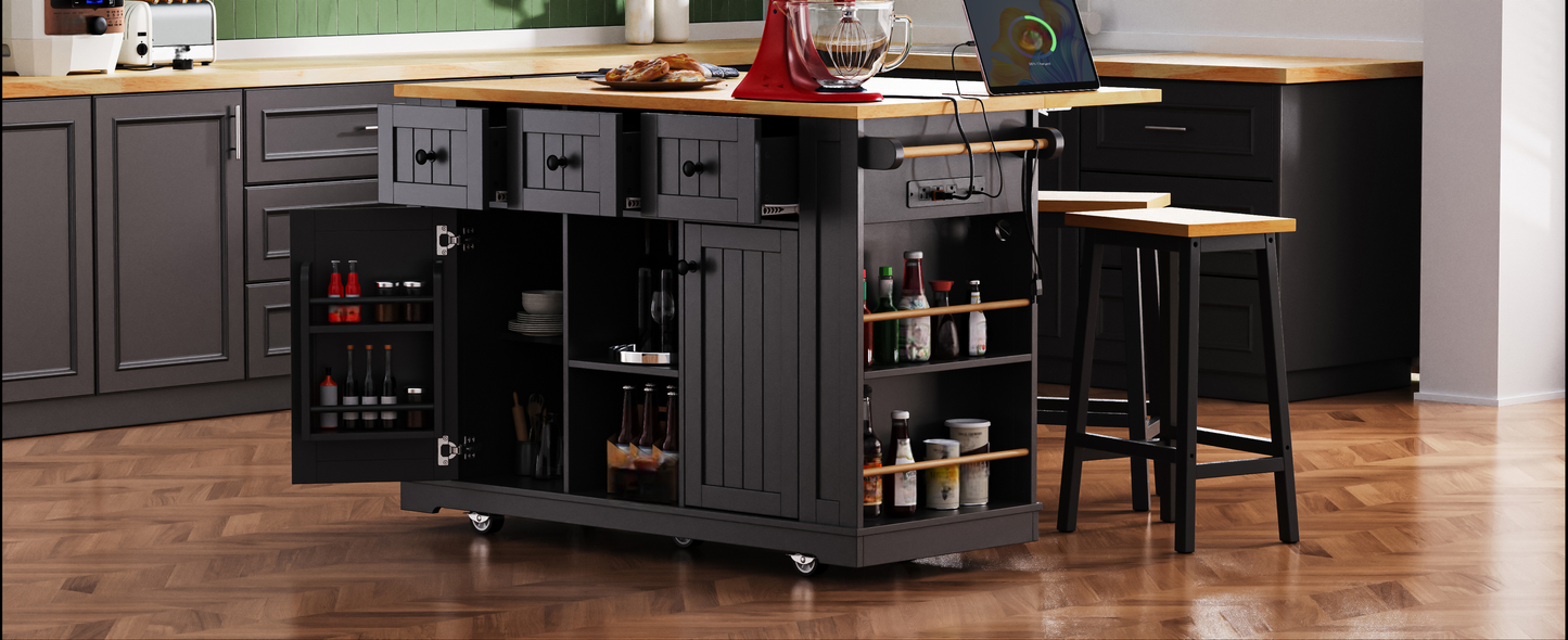 Dark gray kitchen island cart with butcher block top drawers cabinets and shelves