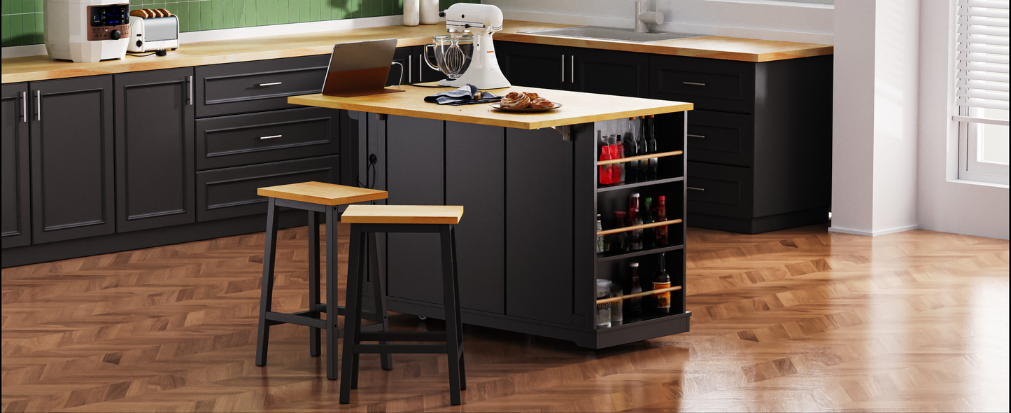 Modern black kitchen island with open shelving displaying bottles and a butcher block top