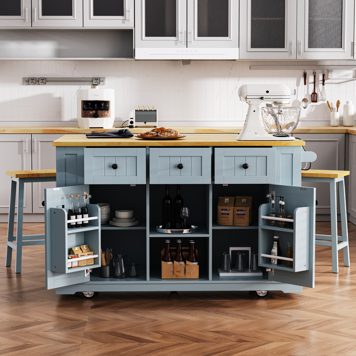 Blue kitchen island with butcher block top open storage and stools