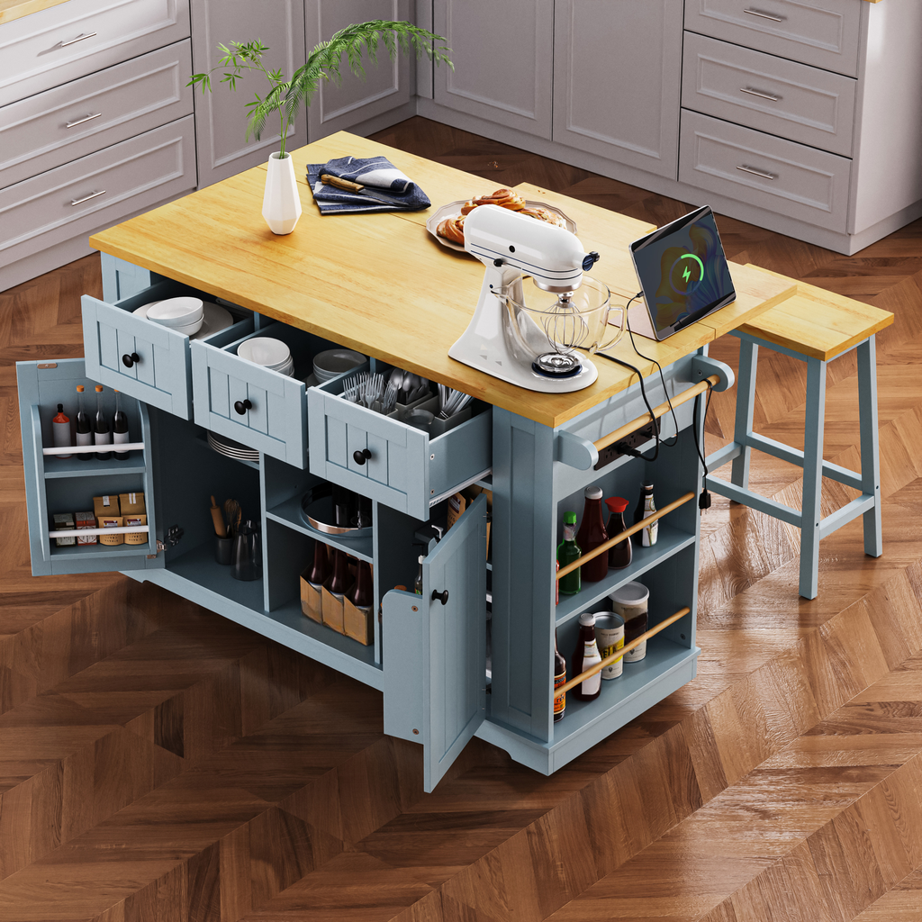 Blue kitchen island with wooden countertop mixer and storage shelves filled with pantry items