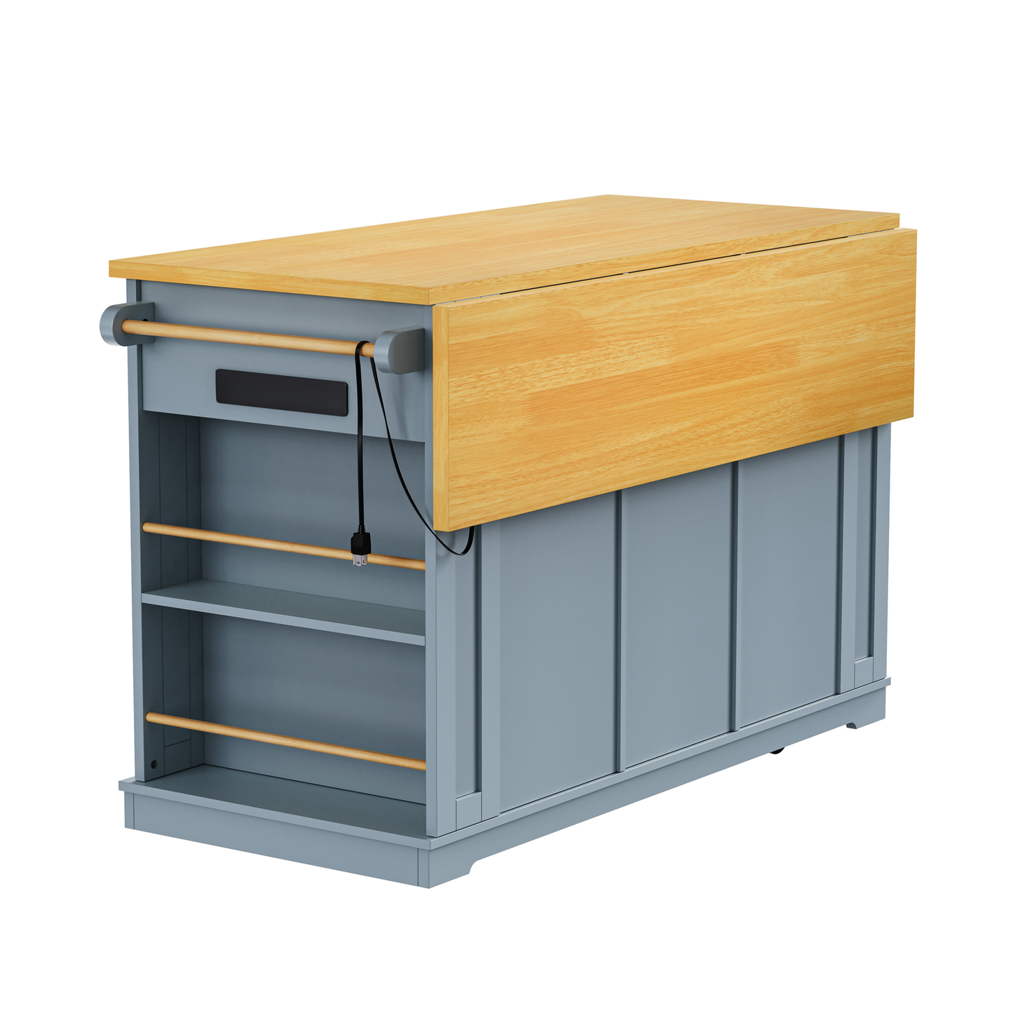 Gray kitchen island with light wood dropleaf countertop and storage shelves