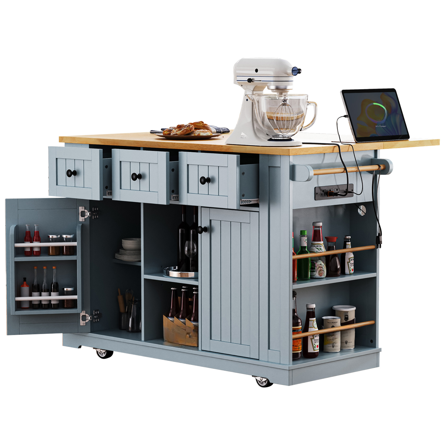 Blue kitchen island with butcher block top mixer and tablet charging station