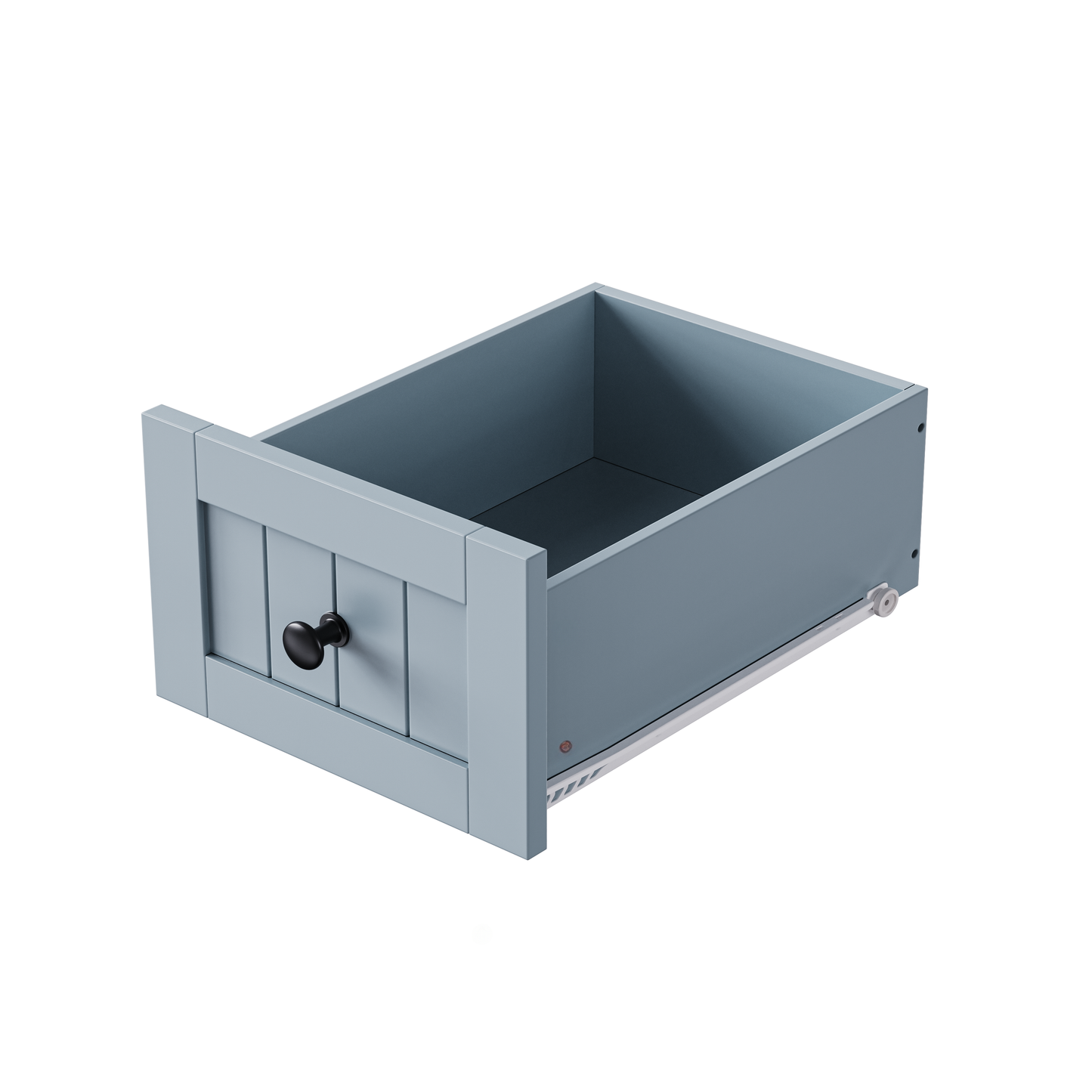 Pale blue wooden drawer with black knob and metal sliders