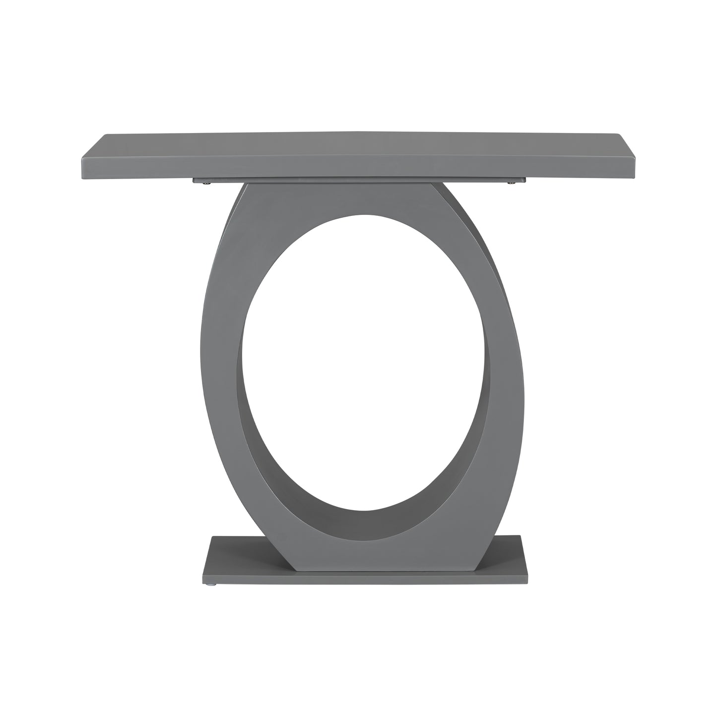 Modern grey console table with a striking circular open base