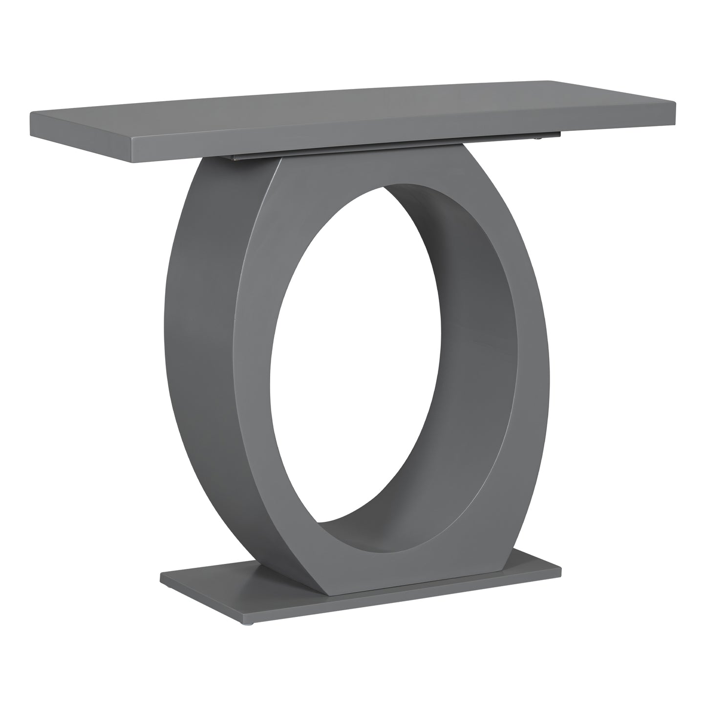 Gray modern console table with circular base and rectangular top