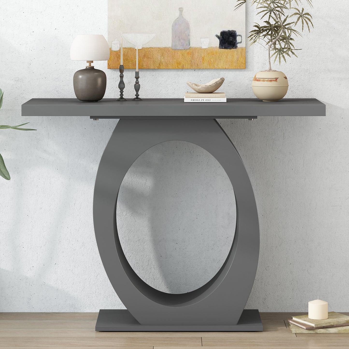 Modern grey console table with oval cutout base perfect for entryways