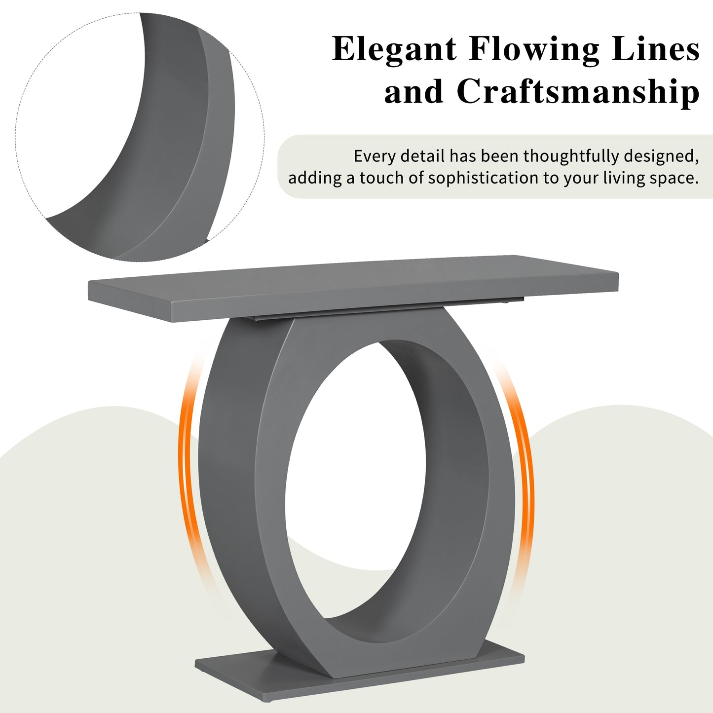 Modern gray console table with a sleek open oval base and flat top
