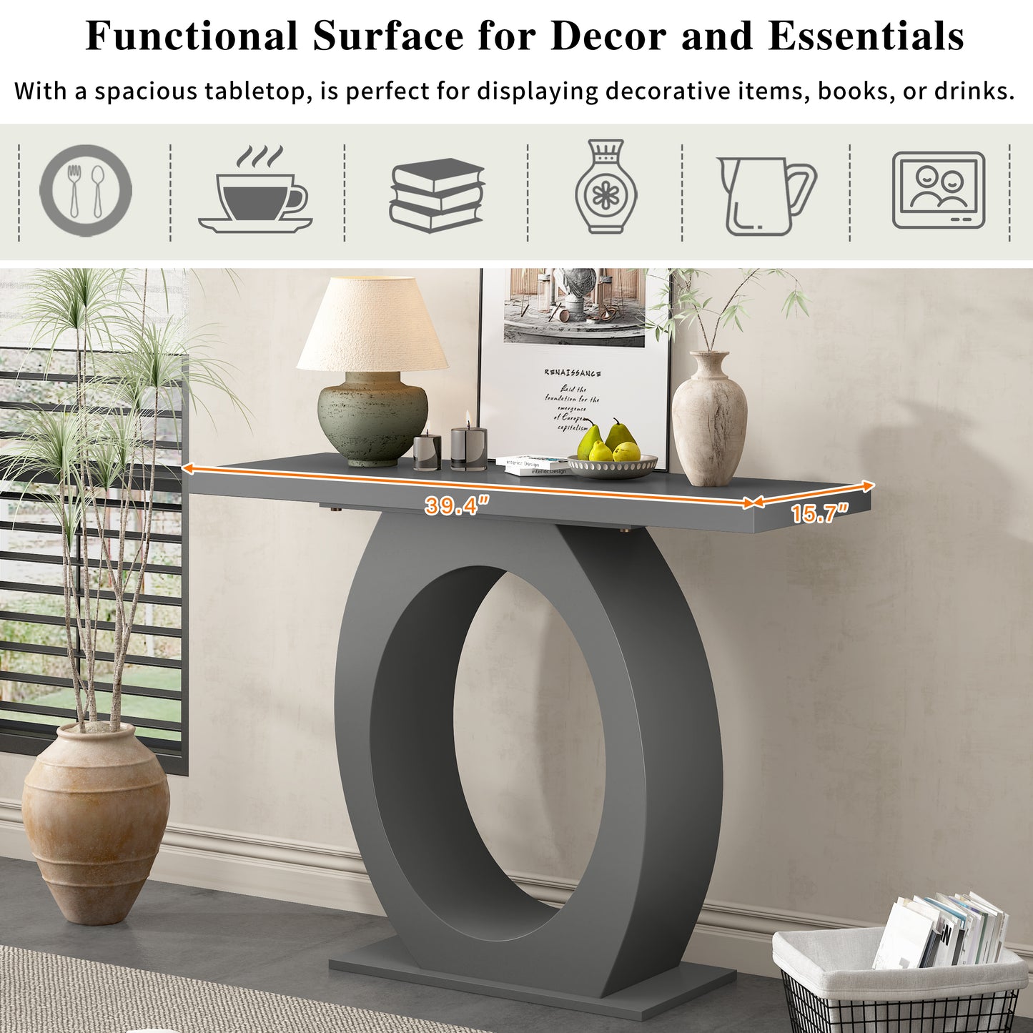 Modern gray console table with a unique oval base and spacious top for display