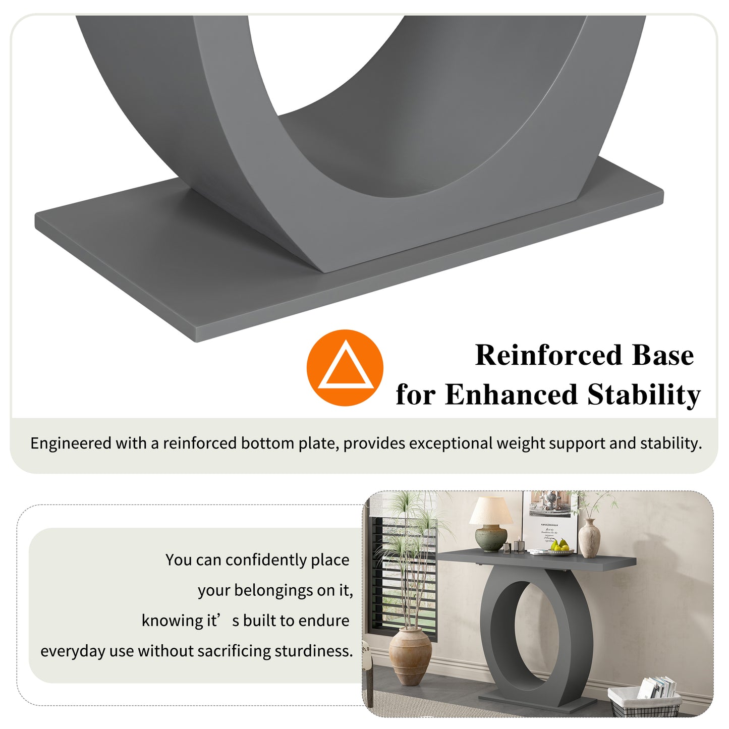 Gray modern console table with reinforced base for enhanced stability