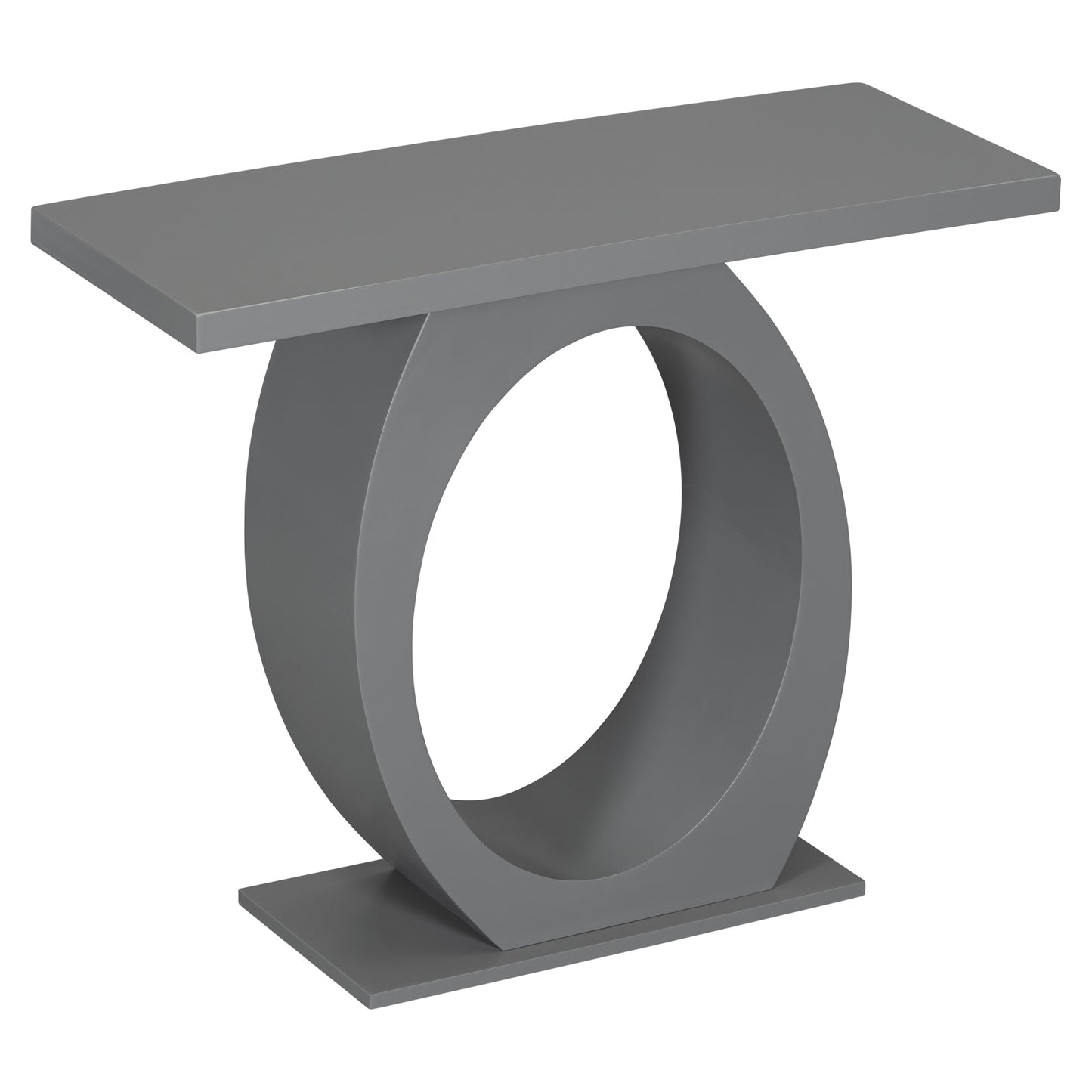 Gray modern console table with a sculptural circular base and minimalist design